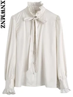 xnwmnz white blouse women fashion with bow tied fitted blouses vintage long sleeve button up female shirts blusas chic tops