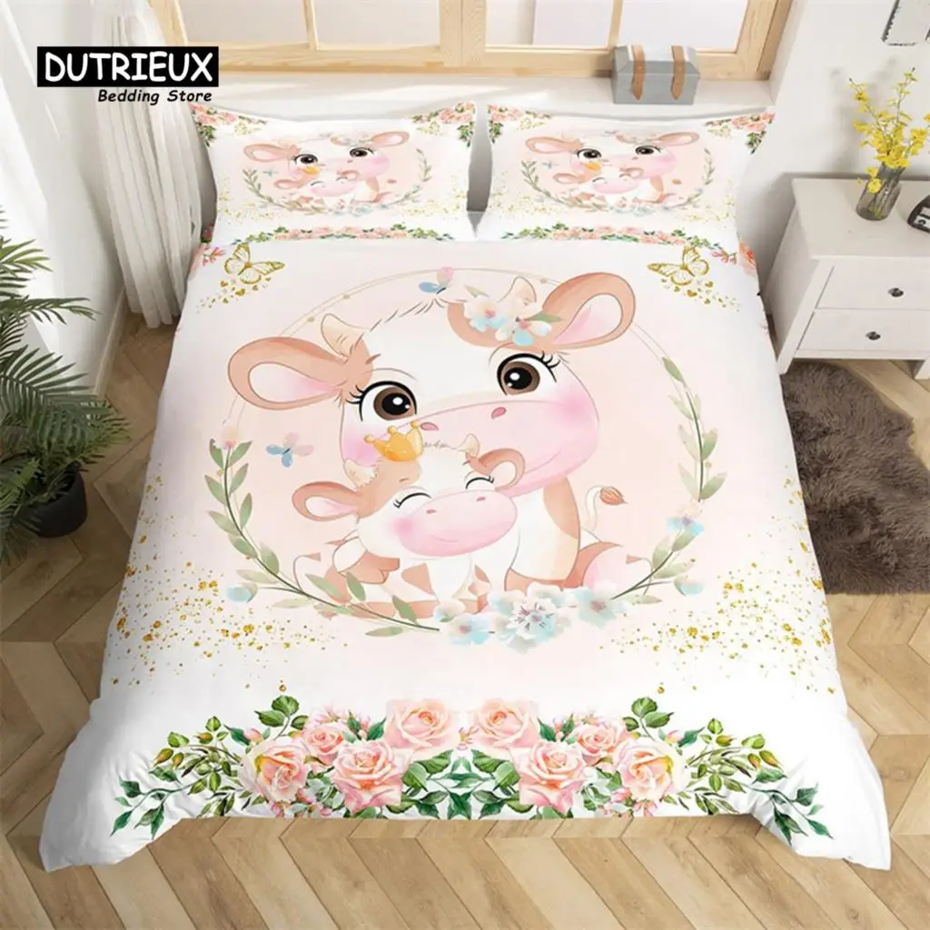 Cute Milk Cow Bedding Set King Cartoon Animal Duvet Cover Botanical Floral Comforter Microfiber Farmhouse Bedspread