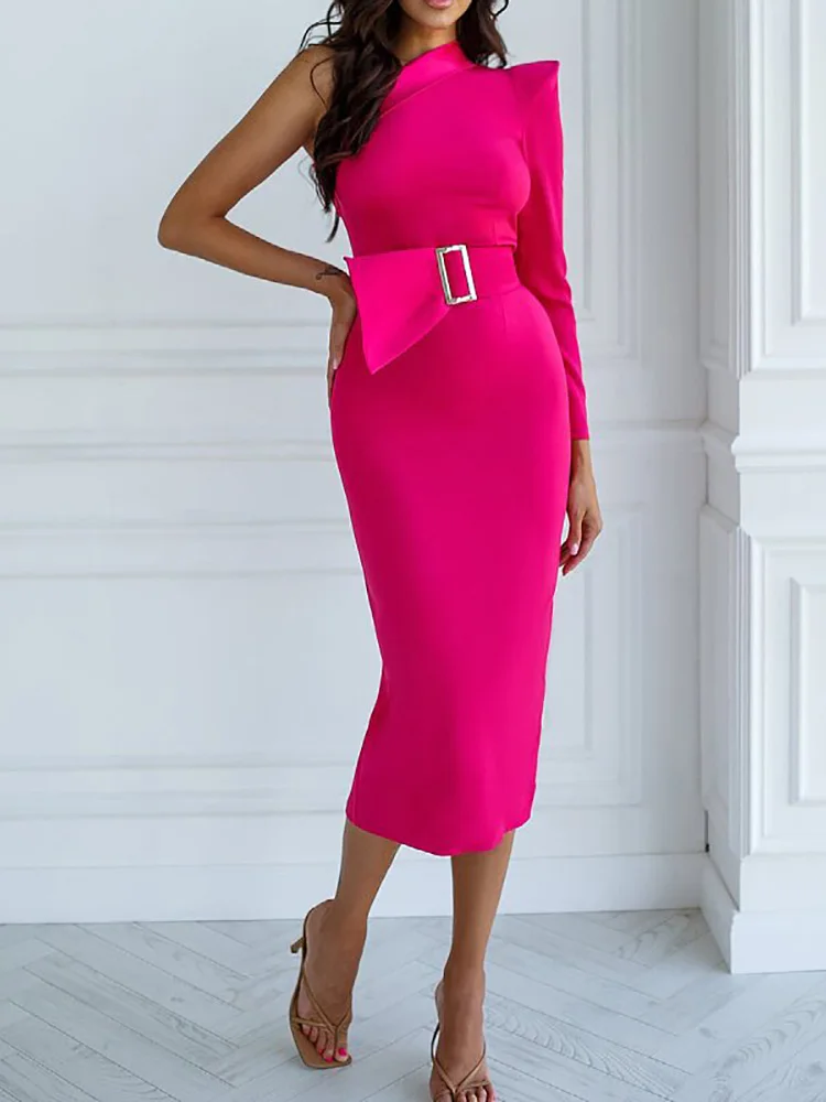 

Women Dress Slim Fit Elegant One Off Shoulder Skew Collar Solid Ladies Party Dress 2022 Loungewear Belt Streetwear Dropshipping