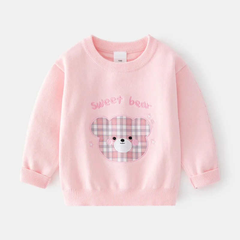 Children's clothes girl's Plaid bear Pullover Sweater children's single layer cotton sweater girls sweater cute pink sweater