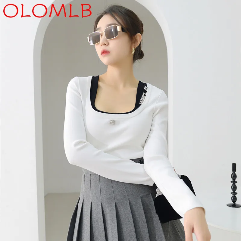 

OLOMLB 2022 New Square Collar Letter Fake Two-piece Knitted Sweater Short Diamond-studded Hollow Long-sleeved Stitching T-shirt
