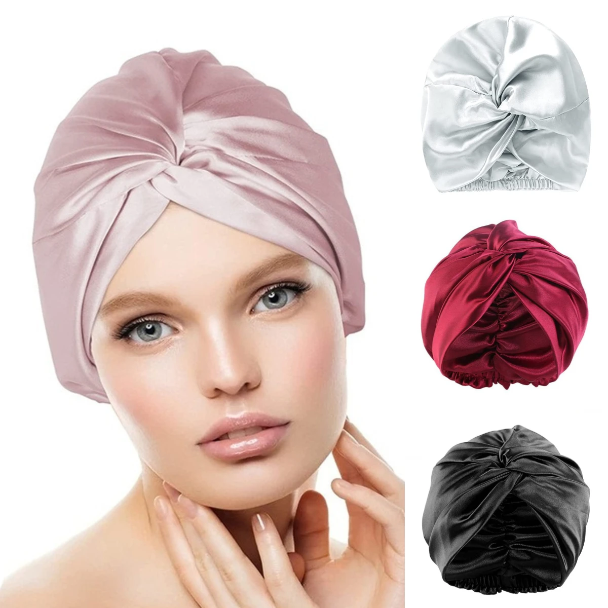 

100 Mulberry Silk Turban Bonnets For Women Twisted Sleeping Night Cap 19 Momme Pure Silk Hair Wrap Cap For Curly Ladies Headwrap