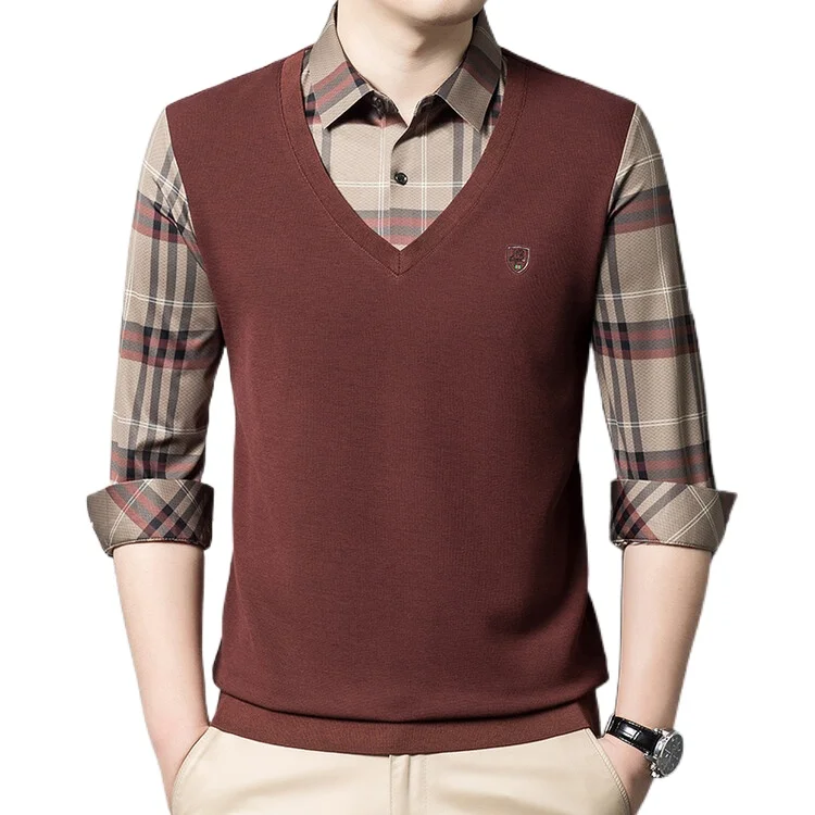 

Autumn New Men's Business Casual Knitted Polo Plaid Shirt Polo Collar Long Sleeve Warm Men's Splice Knit Shirt