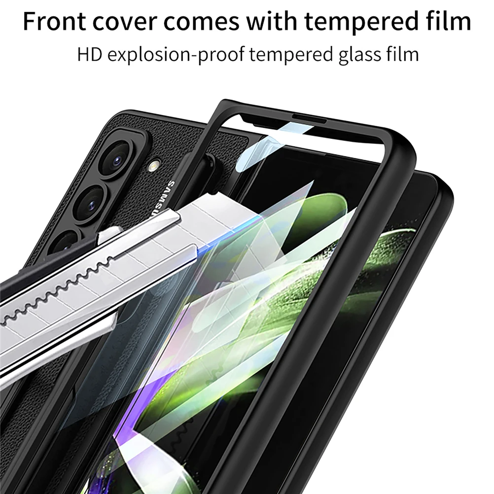 Pen Holder Cover For Samsung Galaxy Z Fold 5 Case Fold5 Leather and Hard Plastic with Bracket Cover Glass Film Protector