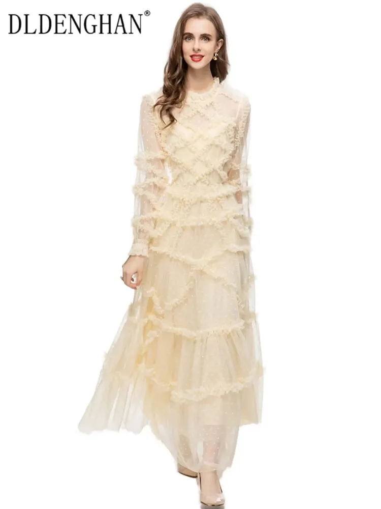 

DLDENGHAN, раннее осеннее Сетчатое Макси-платье в горошек, женские элегантные длинные платья с круглым вырезом и рукавами-фонариками, каскадными оборками, модная новинка