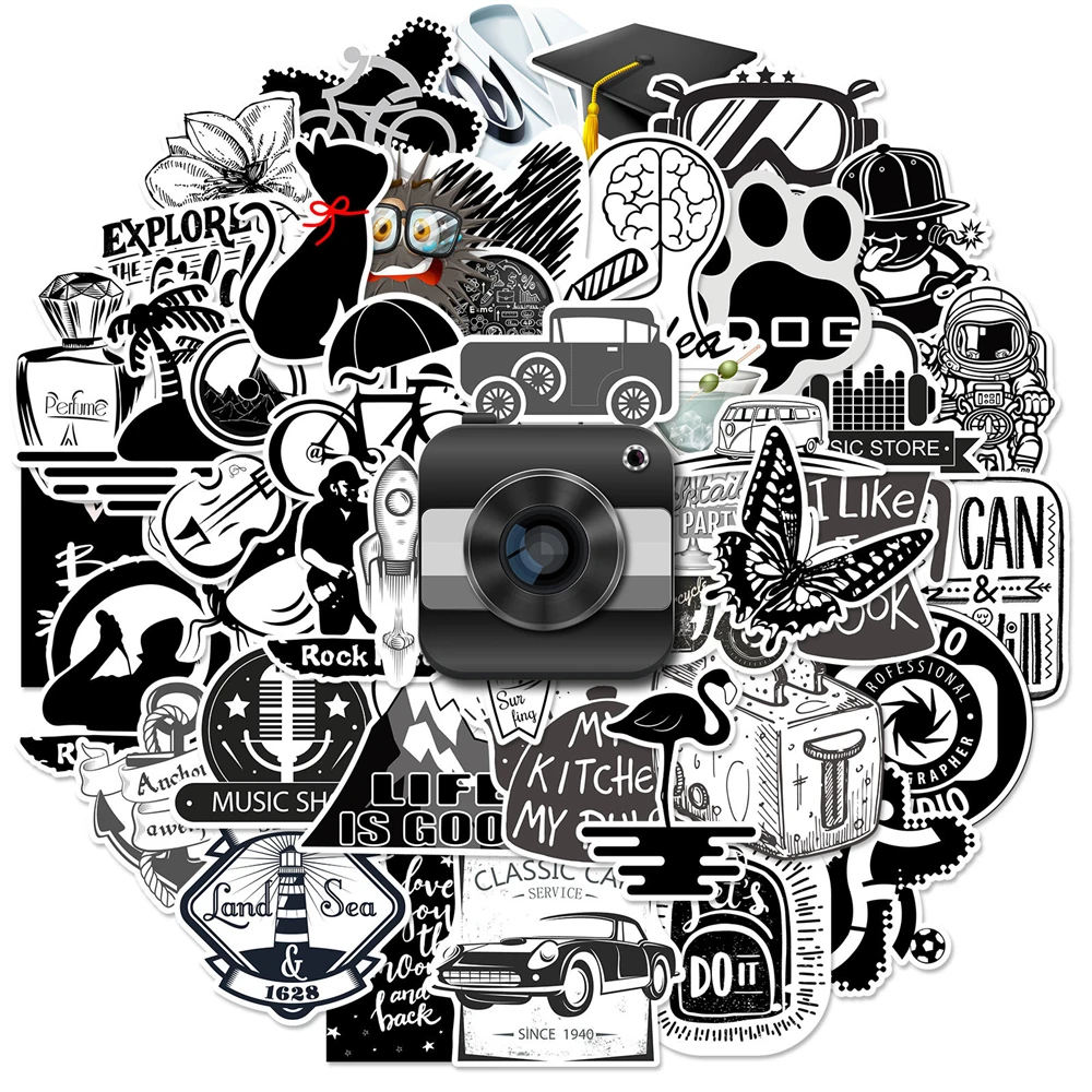 

10/50 Pcs Cool Black And White Personality ​Graffiti Sticker Decoration DIY Table Chair Cupboard Fridge Thin Waterproof Stickers
