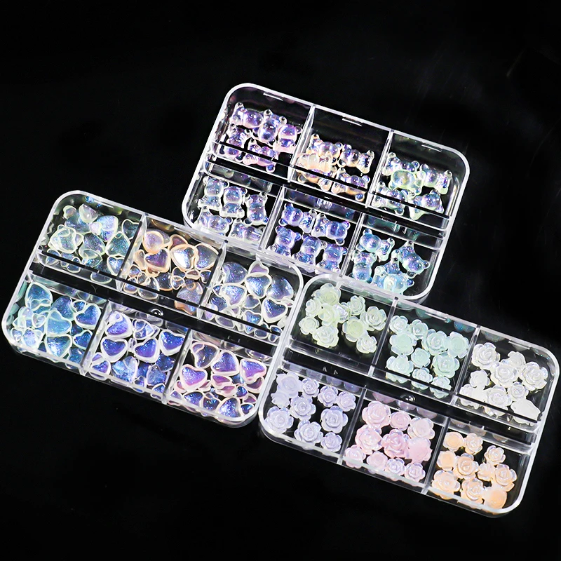 

12 Grids Aurora Jewelry Nail Art Decor Charms Mixed Size Love Bear Flower Decorations 3D Nails Parts DIY Manicure Accessories