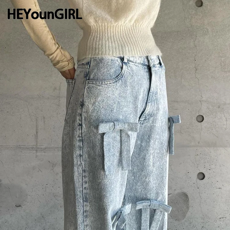 

Женские милые джинсовые брюки HEYounGIRL, ярко-синие джинсовые брюки с бантом, шикарная уличная одежда Y2K, корейские базовые эстетичные прямые джинсы, осенние наряды