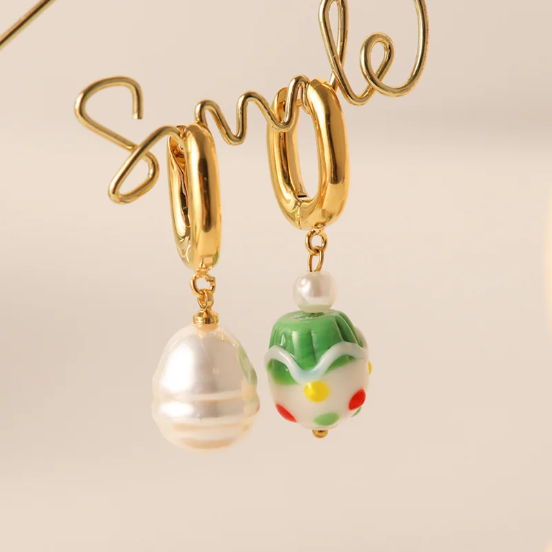 

Minar Handmade Freshwater Pearl Long Dangle Earrings for Women 18K Gold Titanium Steel Multicolor Painting Asymmetry Earring