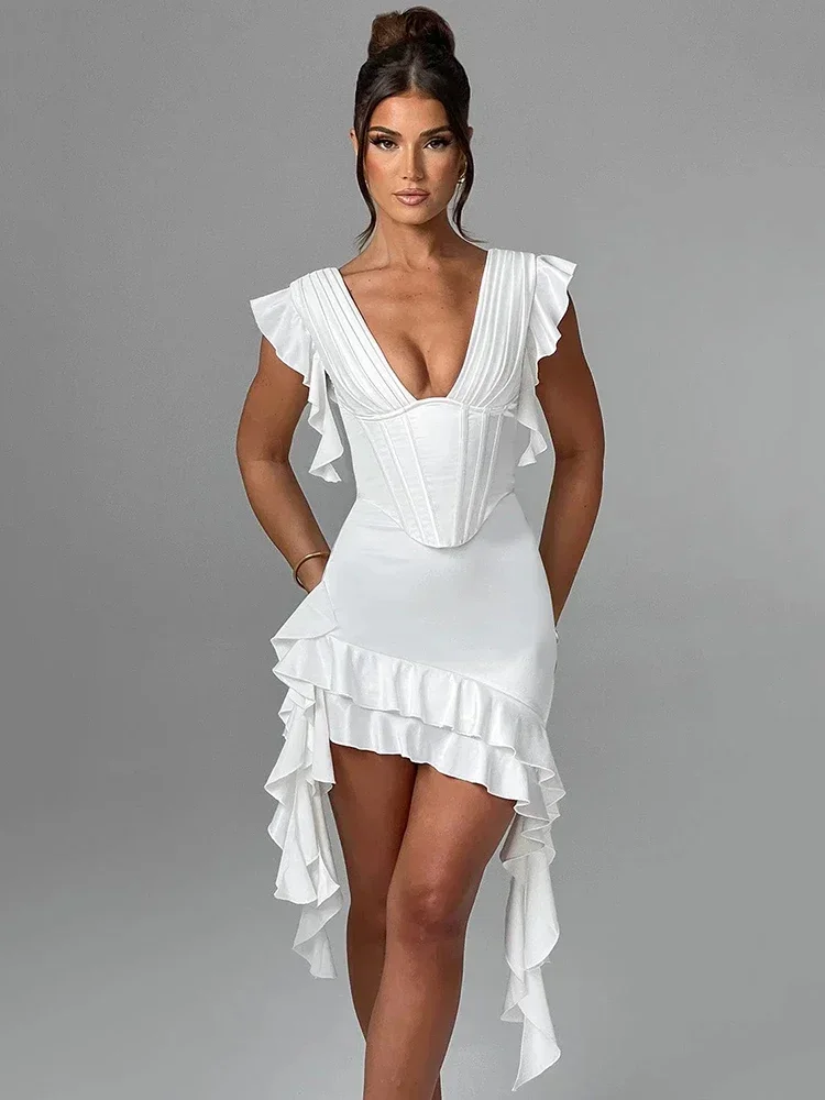 Mozision Deep V Neck Backless Draped Ruffle Mini Dress For Women Fashion Sleeveless Bodycon Club Party Sexy Elegant