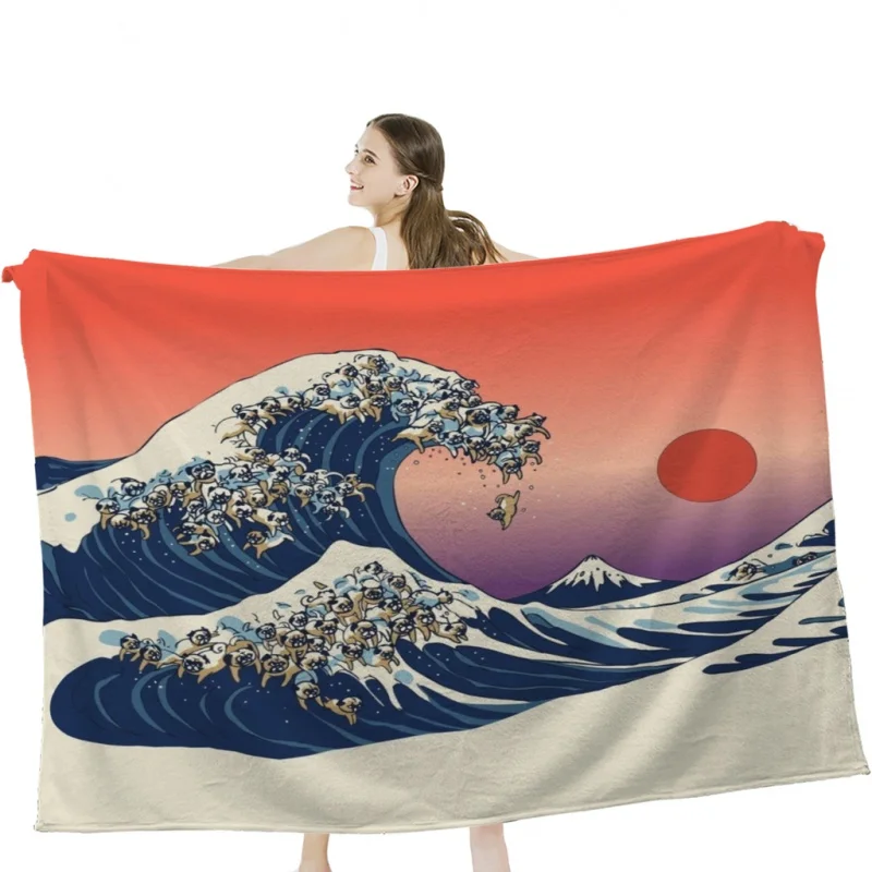 

Мягкое бархатное одеяло The Great Wave of Pug, дорожное постельное белье