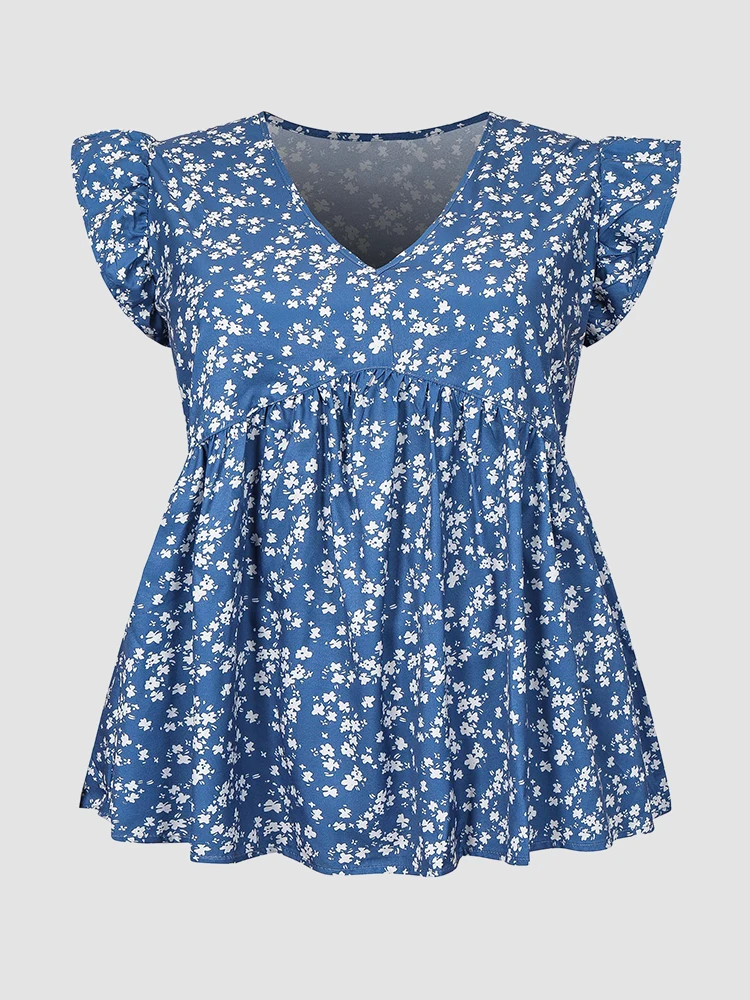 

Finjani Ditsy Floral V-Neck Peplum Blouse Plus Size Women Casual Temperament T-shirt Puff Sleeve Summer Short Sleeve
