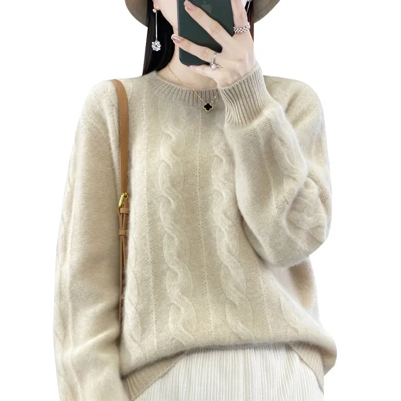 2024 Autumn/Winter New Women's Knitted Top Round Neck Cable Knit Thickened Sweater Loose-Fit Long Sleeve Base Layer