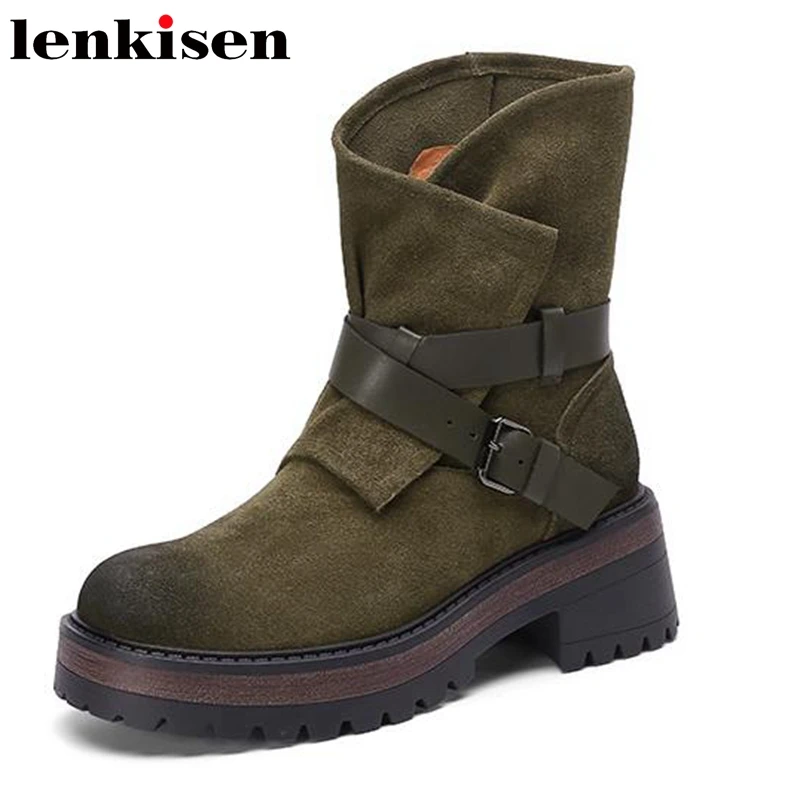 

Lenkisen Cow Suede Round Toe Pleated Modern Boots Platform Thick Heels Keep Warm Deign Chic Belt Buckle Rivets Zip Ankle Boots