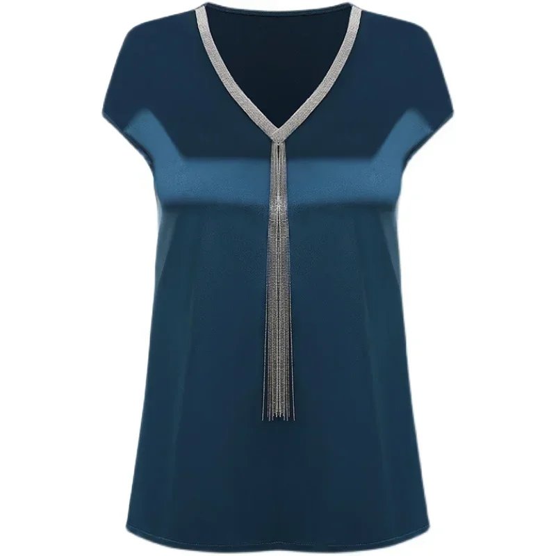 Блузка Женская атласная с коротким рукавом повседневный Свободный Топ бахромой