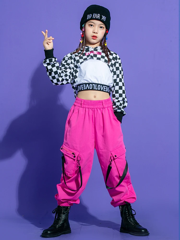 2021 New Jazz Dance Costumes Plaid Crop Tops Pink Hiphop Pants Street Outfits Ballroom Hip Hop Rave Clothes 110-180 |