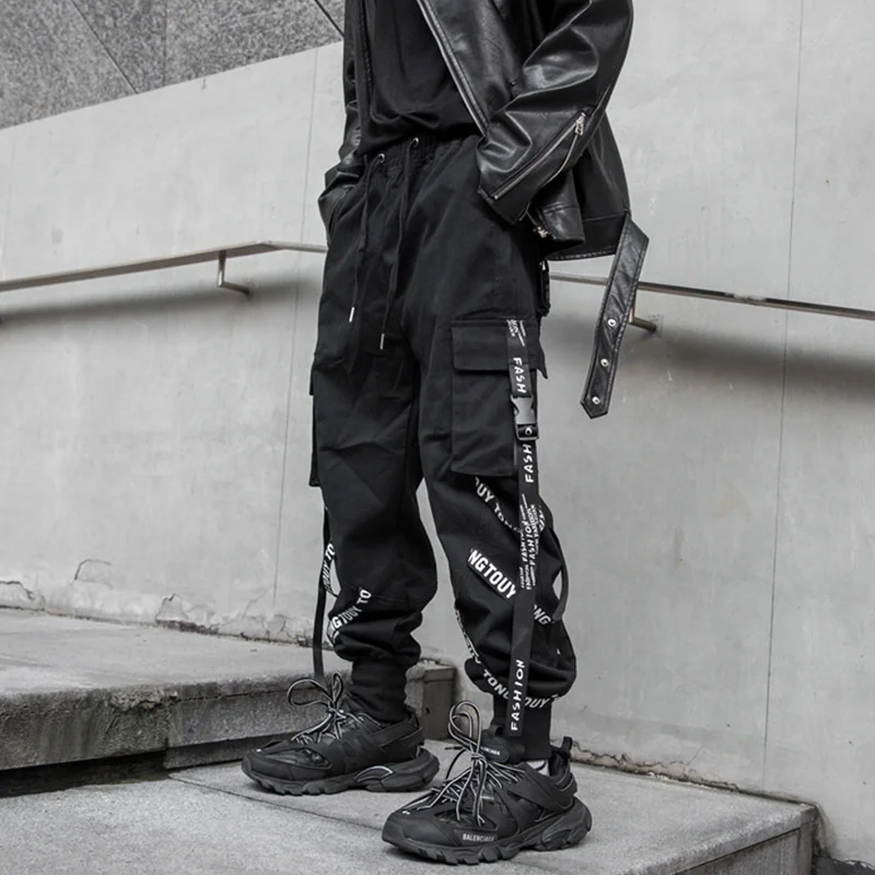 

Black Cargo Pants Men Joggers Cargo Trousers for Men Jogging Japanese Streetwear Hip Hop Hippie Techwear Gothic Ribbon