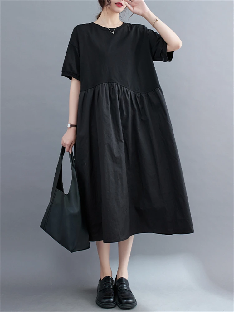 Женское Хлопковое платье с коротким рукавом черное винтажное свободное средней