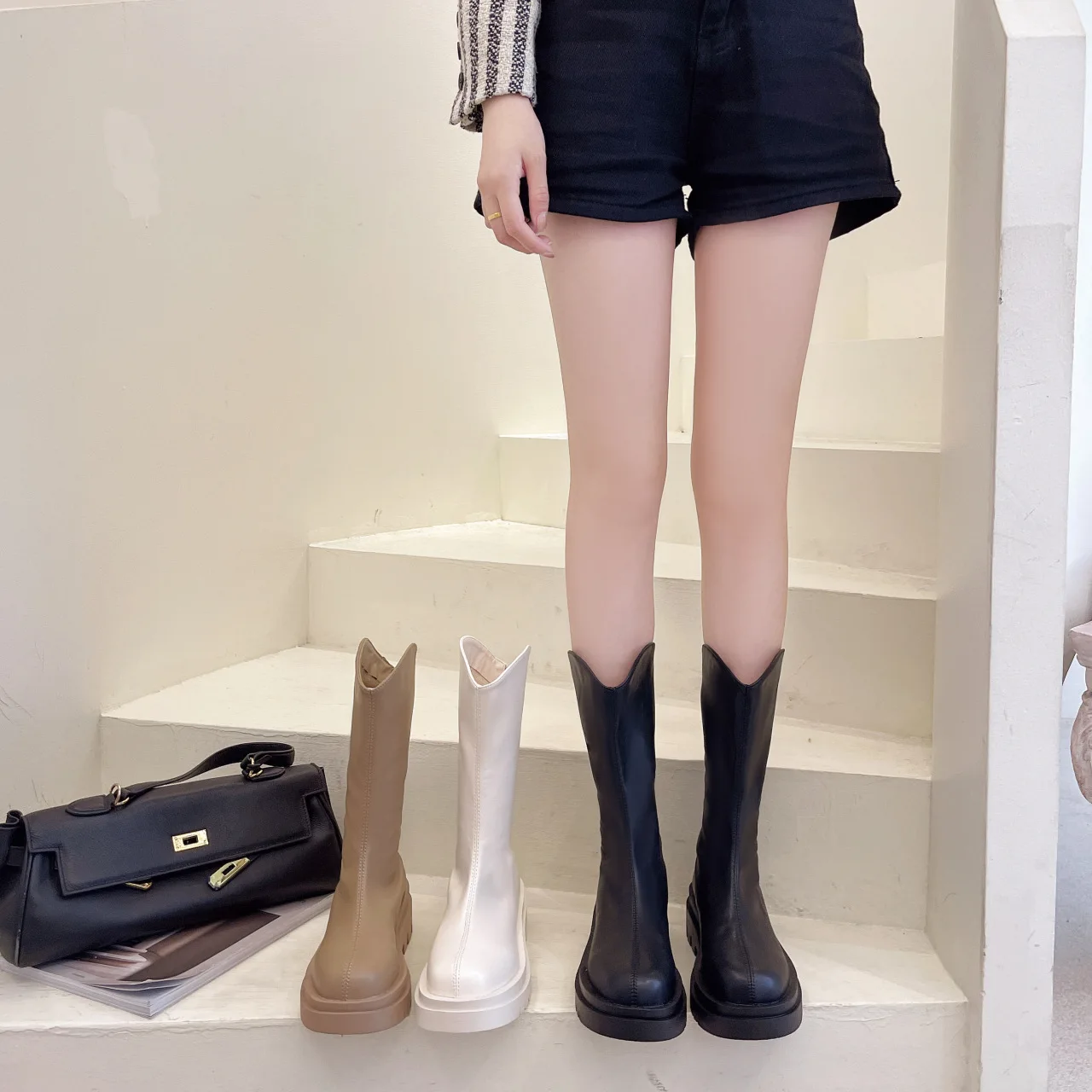 

Брендовые женские ботинки-женская зимняя обувь на Плоском Каблуке С Круглым Носком на молнии модная до середины икры 2022 года на низком кабл...