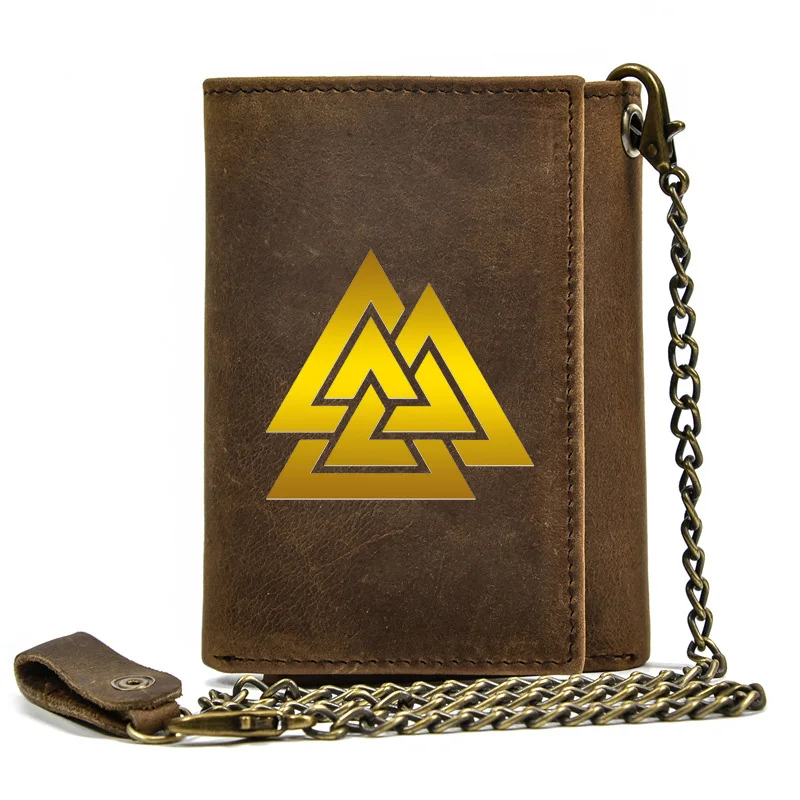 

High Quality Men Genuine Leather Wallet Anti Theft Hasp With Iron Chain Golden Viking Triangle Symbol Card Holder Short Purse