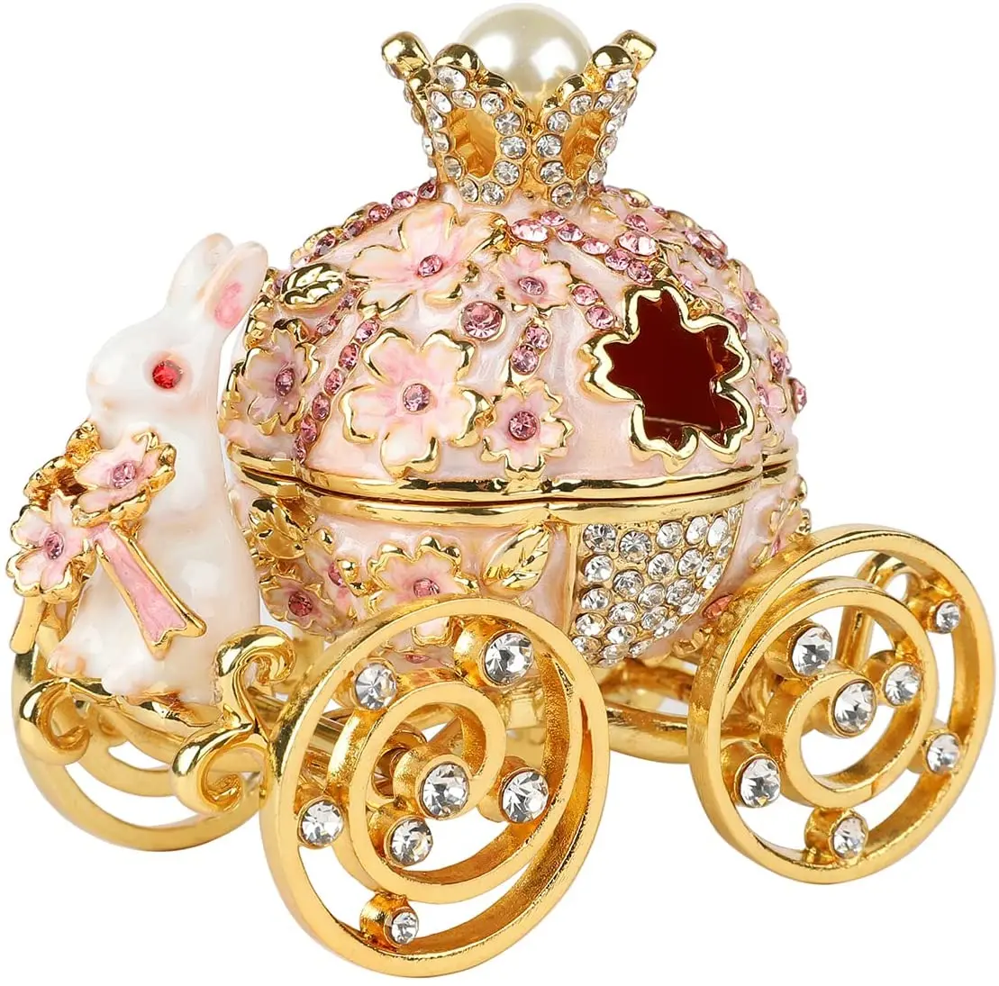 Bunny Pumpkin Carriage with Flowers Jewelry Trinket Box Hinged Hand-Painted Enamel Ornaments Gift for Home Decor