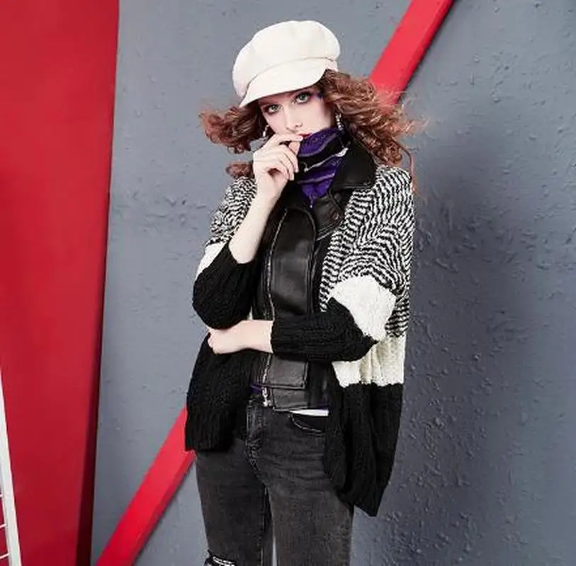 Women Aviator Lapel Jacket 2023 Knitted Stitching Large Size Leather Jacket Autumn and Winter Fashion Long Sleeve Zipper Coat