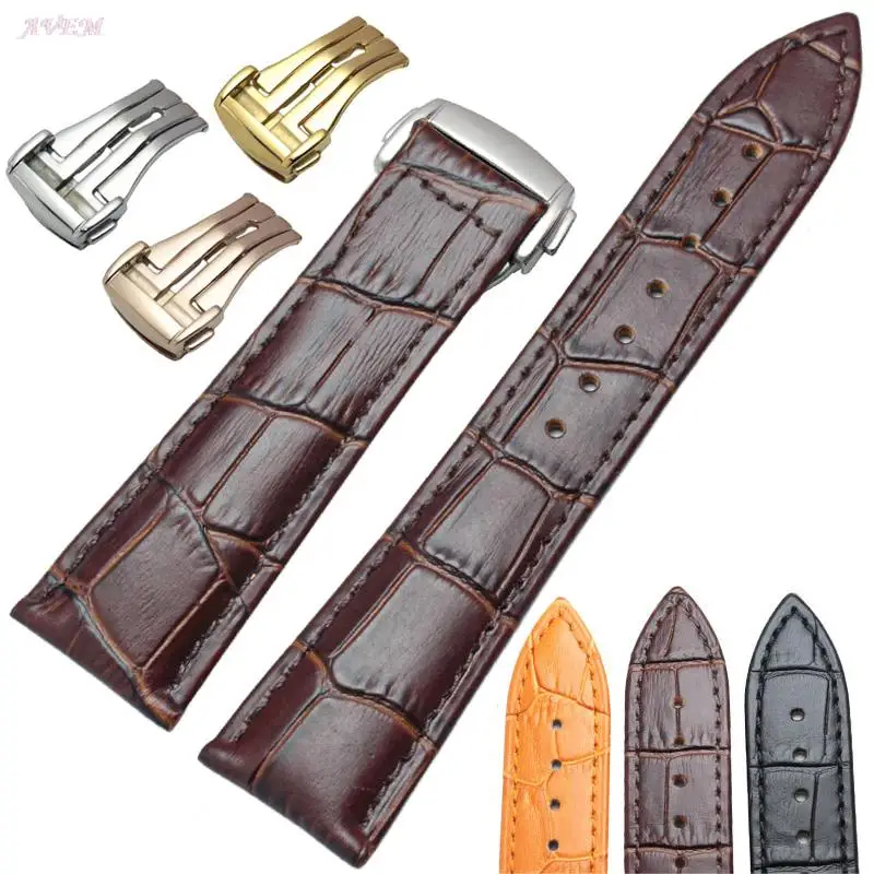 

Genuine Leather Watch Band Strap Wiht Butterfly Deployment Clasp 20mm 22mm Women Men Orange Black Brown Watchband Bracelet
