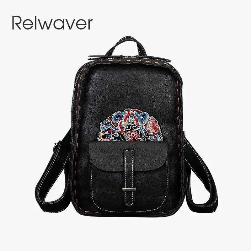 

Relwaver leather backpack genuine leather women bag 2023 spring new vintage embroidery big capacity ethnic travel backpack women