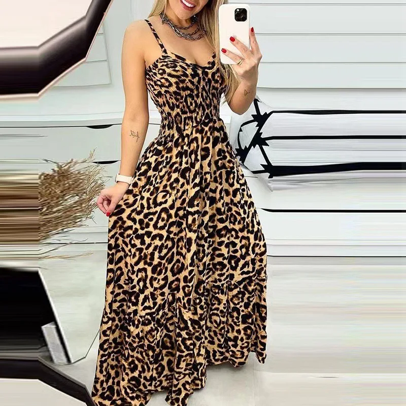 

Women Sexy Dresses Casual V-Neck Sleeveless Daily A Line Dress Leopard Printed Backless Long Dressrs Y2K Cloting