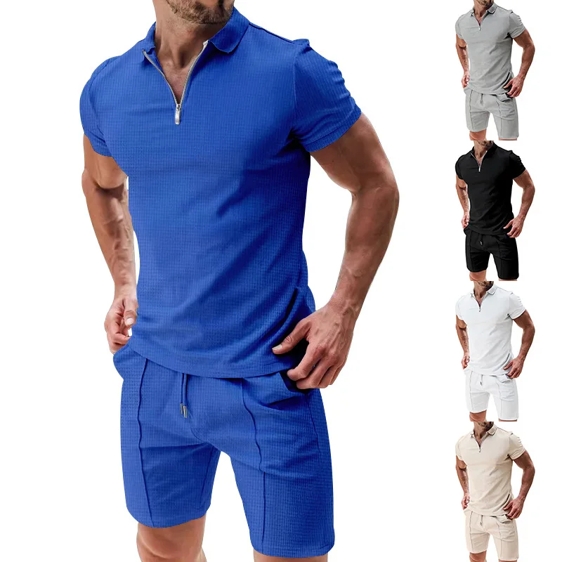 New Men's Short Sleeve Shorts Casual Set Summer Waffle Solid Casual Loose Casual T-shirt Set Men Clothing Sets