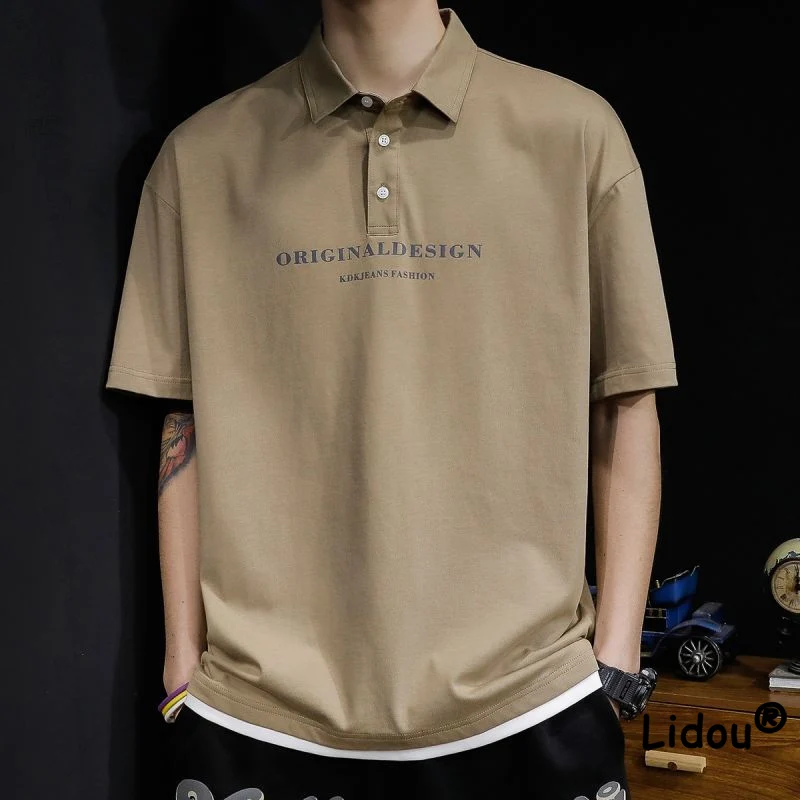 Vintage Loose Fake Two Piece Men Top Summer Short Sleese Polo Shirt Solid Color Letter Button Large Size Trend All-match T-shir