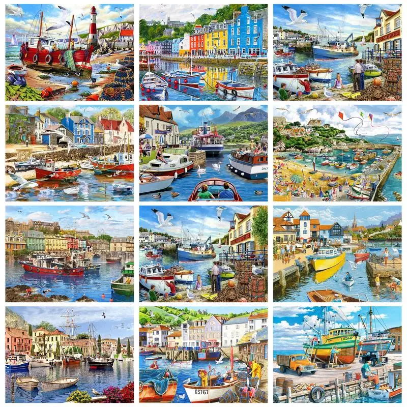 

GATYZTORY Acrylic Painting By Numbers For Handicrafts River Town Wall Decors On Canvas Picture Coloring Paint Kit Artwork Gift