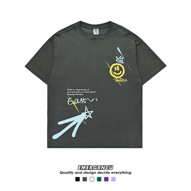 

KAZUE-Summer street graffiti smiley printed cotton couple short-sleeved T-shirt men and women loose t-shirt