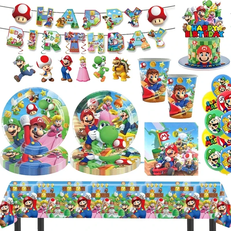 Фото Набор одноразовой посуды для вечеринки в стиле игры Mario Bros: Салфетки, стаканы, скатерть, бумажные тарелки для дня рождения №1