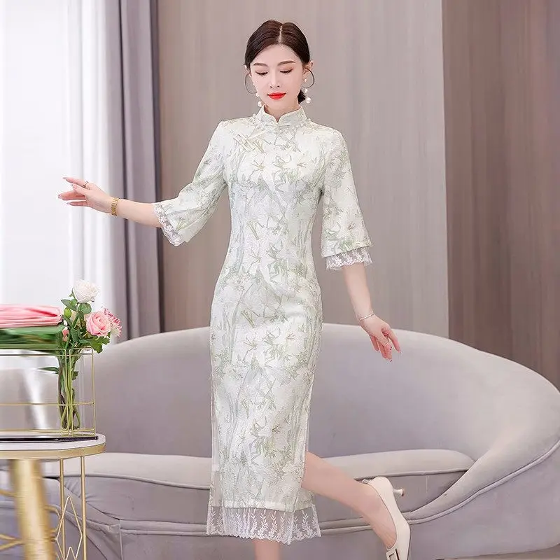 

Spring Improved Dress Chinese Style 2023 New Fashion Stand Collar Lace Spliced Cheongsam Green Elegant Slim Vestidos Qipao Z754