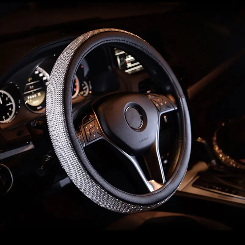 

Роскошный чехол на руль автомобиля с бриллиантами и стразами, чехол из искусственной кожи, автоаксессуары, чехол для стайлинга автомобилей