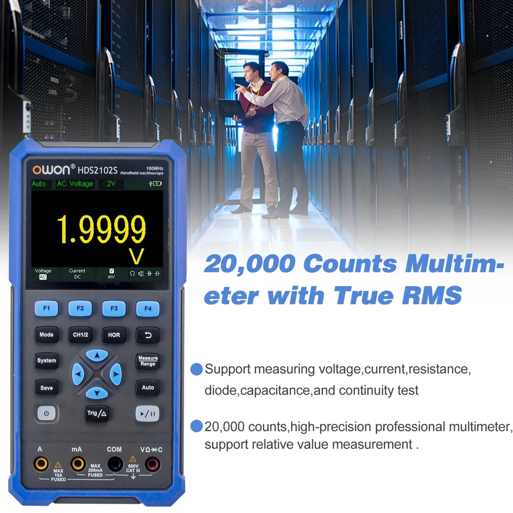 

OWON HDS2102S Handheld Digital Oscilloscope 100MHz Bandwidth 500MS/s 8Bits 2CH + 1CH Generator True-RMS Multimeter Osciloscopio