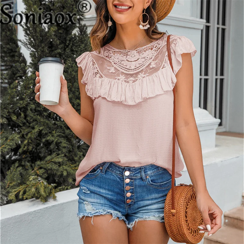 

Fashion Woman Sleeveless Blouses 2022 Summer Ruffle Crew Neck Lace Patchwork Tank Top Ladies Casual Loose Chiffon Vest Shirt