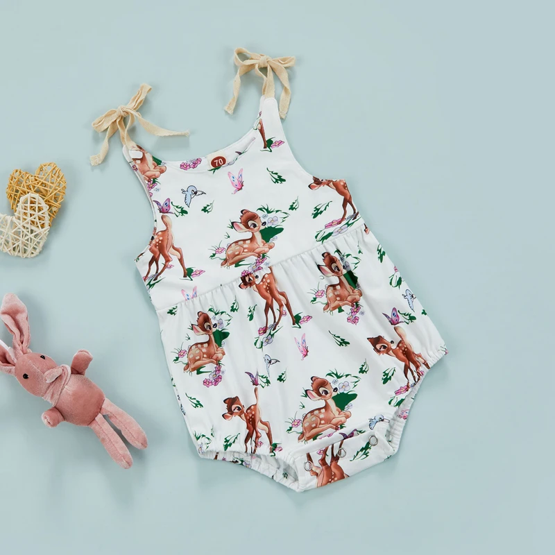 

Lovely Summer Baby Girls Boys Bodysuits Toddler Girls Cotton Cartoon Deer Print Sleeveless Bandage Jumpsuits Holiday Outfits