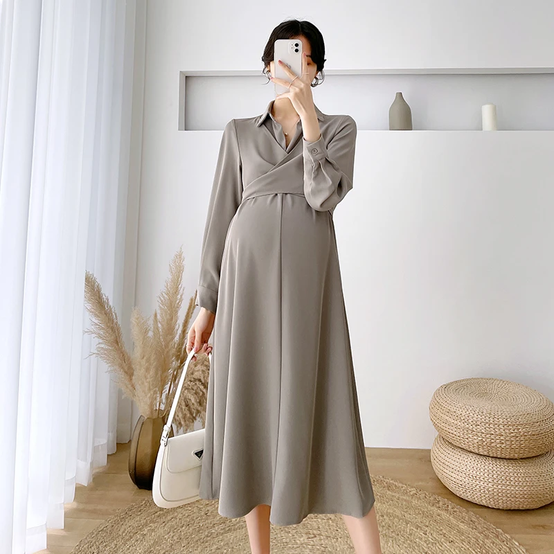 5025# 2022 Quality Spring New Korean Fashion Maternity Long Party Dress Elegant Chic Ins A Line Slim Clothes for Pregnant Women