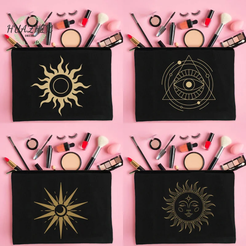 

Tarot Cosmetic Bag Mandala Sun and Moon for Pencil Print Women's Tote Black Portable Small Purse Lipstick Organizer Makeup Pouch