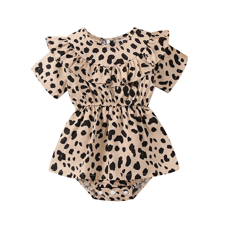 

Cute Newborn Kid Girl\u2019s Short Sleeve Romper Leopard Printed Neck Triangle Jumpsuits Baby Clothing
