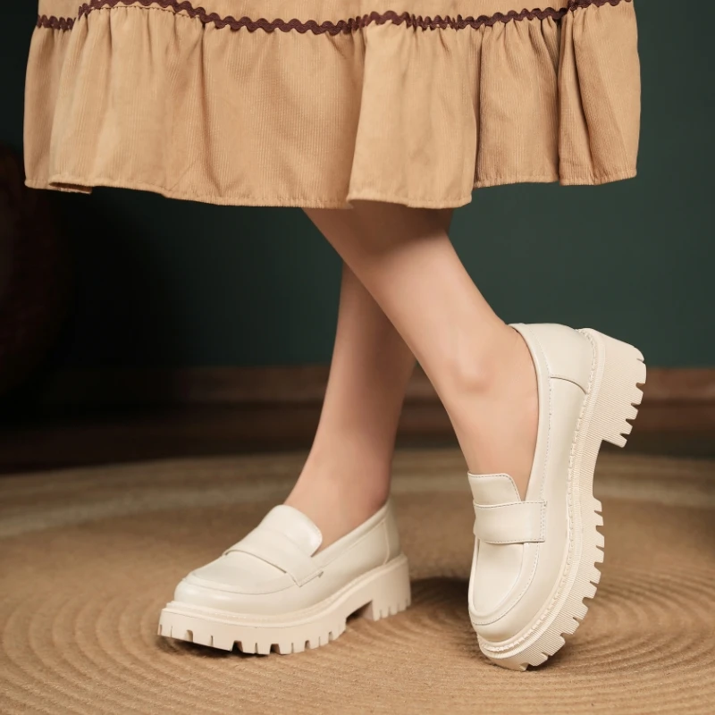 2023 Women British Style Shoe Thick Soled College Lady Footwear Casual Loafers Spring Autumn Genuine Leather Fashion Girls Shoes