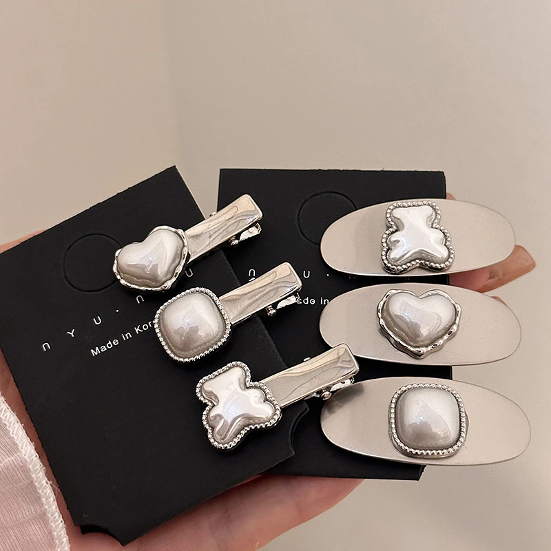 

Cute Bear Hairpins Gray Silver Big Pearl Heart Hair Pins Barrettes Lovely Cartoon Duckbill Hair Clips Cool Hair Pins for Girls