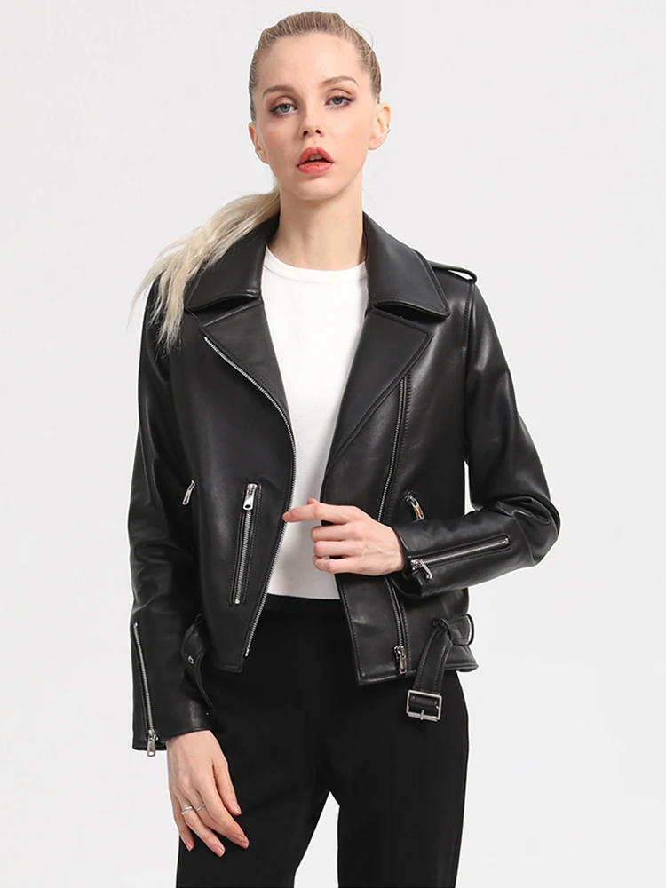New Women Genuine Leather Moto Jacket Spring Autumn Casual Streetwear Style Turn-down Collar Sheepskin Coat Slim Short Outerwear
