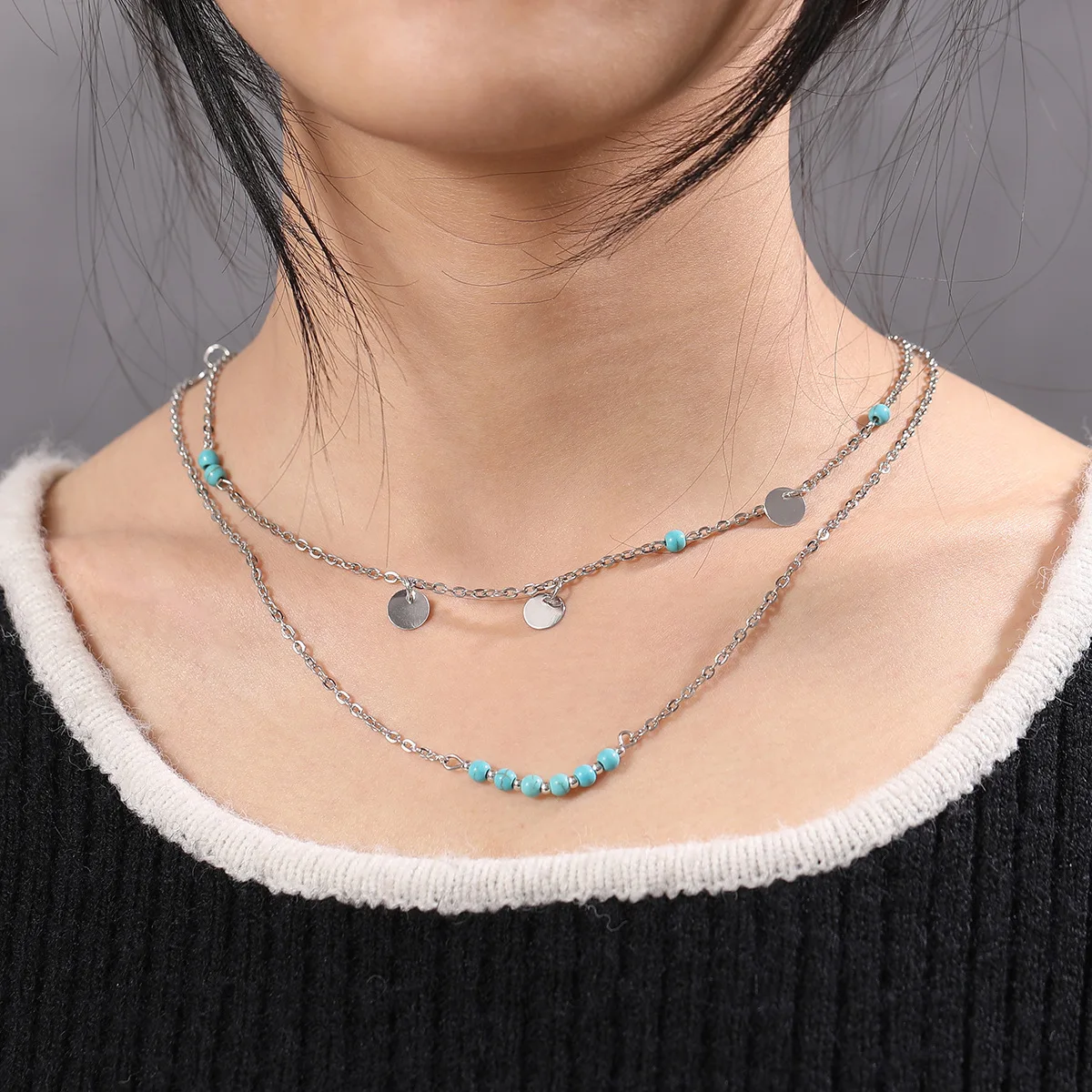 

European and American foreign trade multilayer disc clavicle chain copper plated platinum double necklace turquoise jewelry