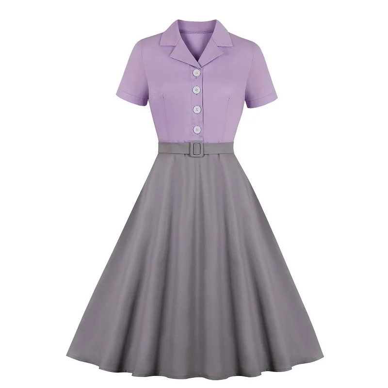 

Party Robe Rockabilly 50s Retro Dresses Spring Yellow British Plaid Vintage Dress Turn Down Neck Belt Short Sleeve Swing