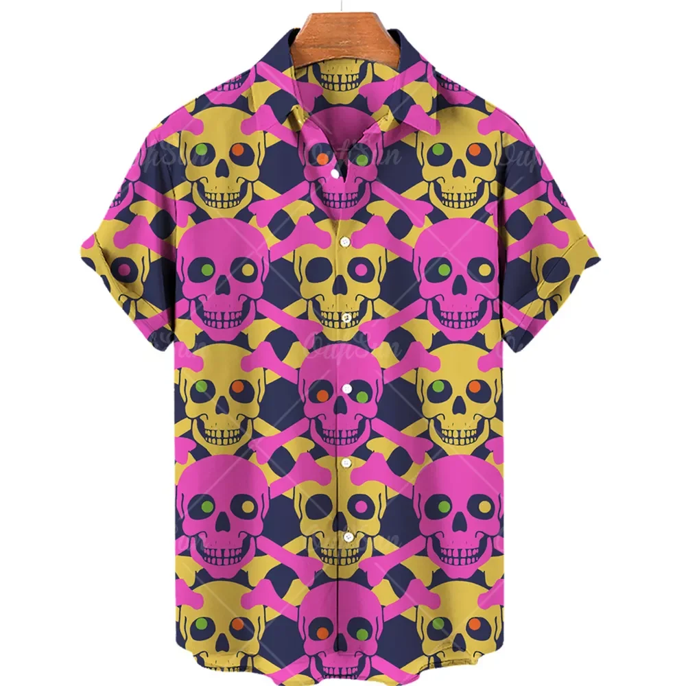 New2022 New Retro Lined for Men Skull Print Shirt Summer Fashion Statement T Shirts Women Casual Short Sleeve Hawaiian Shirt Cam