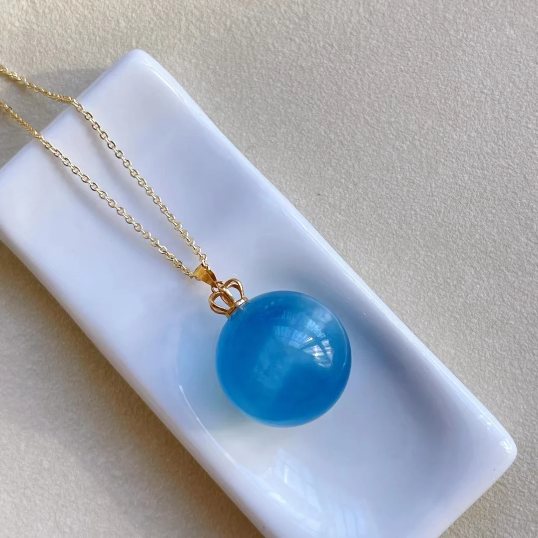 

Natural Blue Aquamarine Quartz Round Ball Pendant 18mm Brazil Jewelry 18K Gold Deep Blue Aquamarine Oval Necklace AAAAA