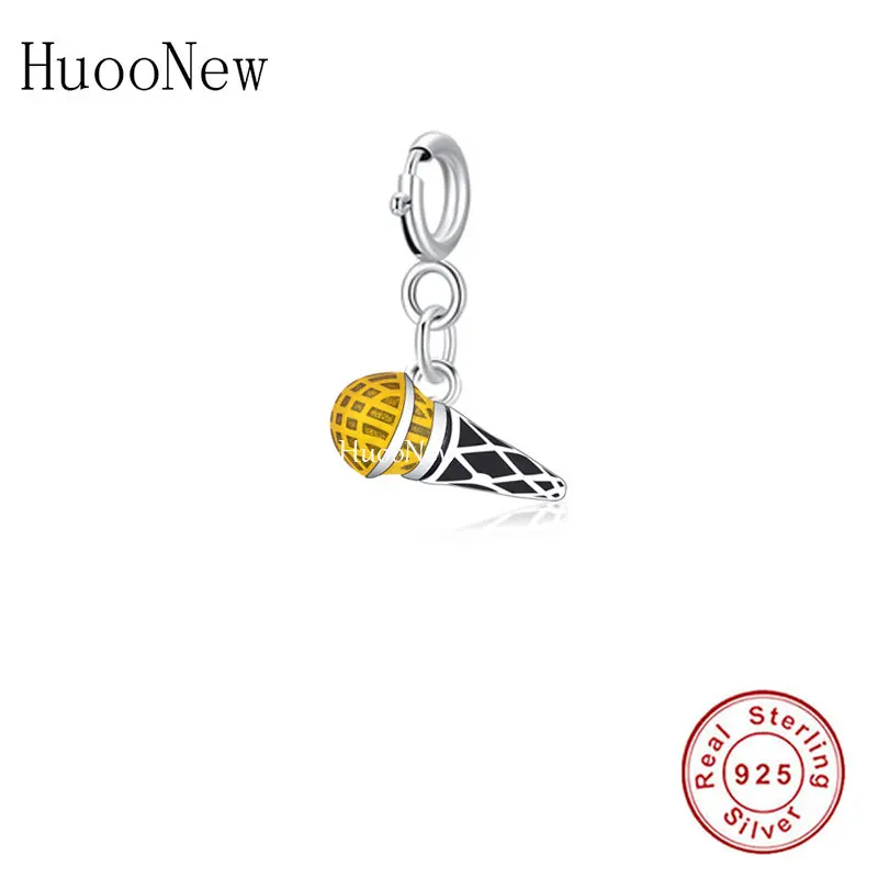 

Newest Real 925 Sterling Silver Yellow Black Microphone Shape Charm Pendant Fit for Women Girls DIY Bracelet Necklace Jewelry